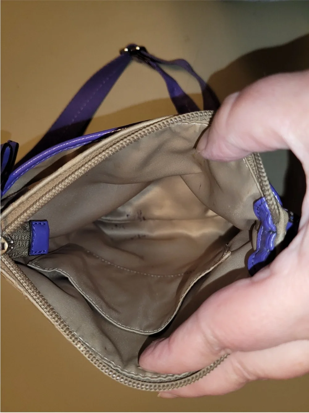 Coach Poppy Beige Signature Crossbody with Purple Trim